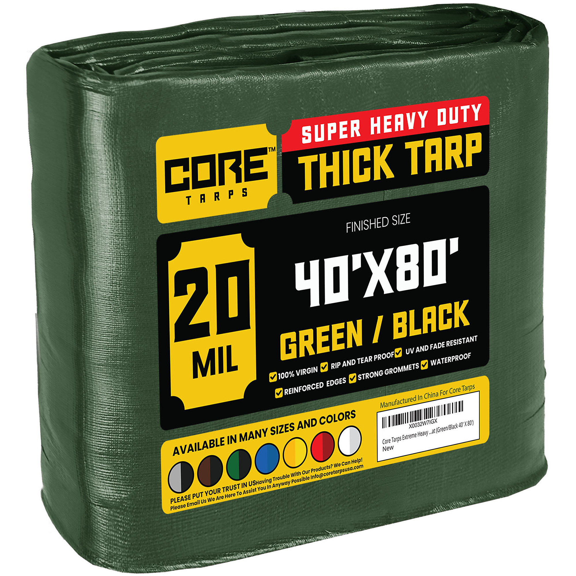 Core Tarps Extreme Heavy-Duty Tarp Cover — 40ft. x 80ft., 20 Mil, Waterproof, UV-Resistant, Rip and Tear Proof, Reinforced Edges, Green/Black, Model# CT-703-40X80